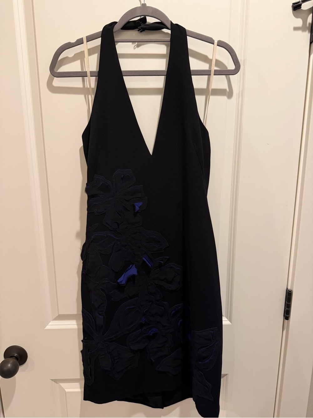 Halston Heritage Black Halter V-Neck Dress with Floral Appliqué